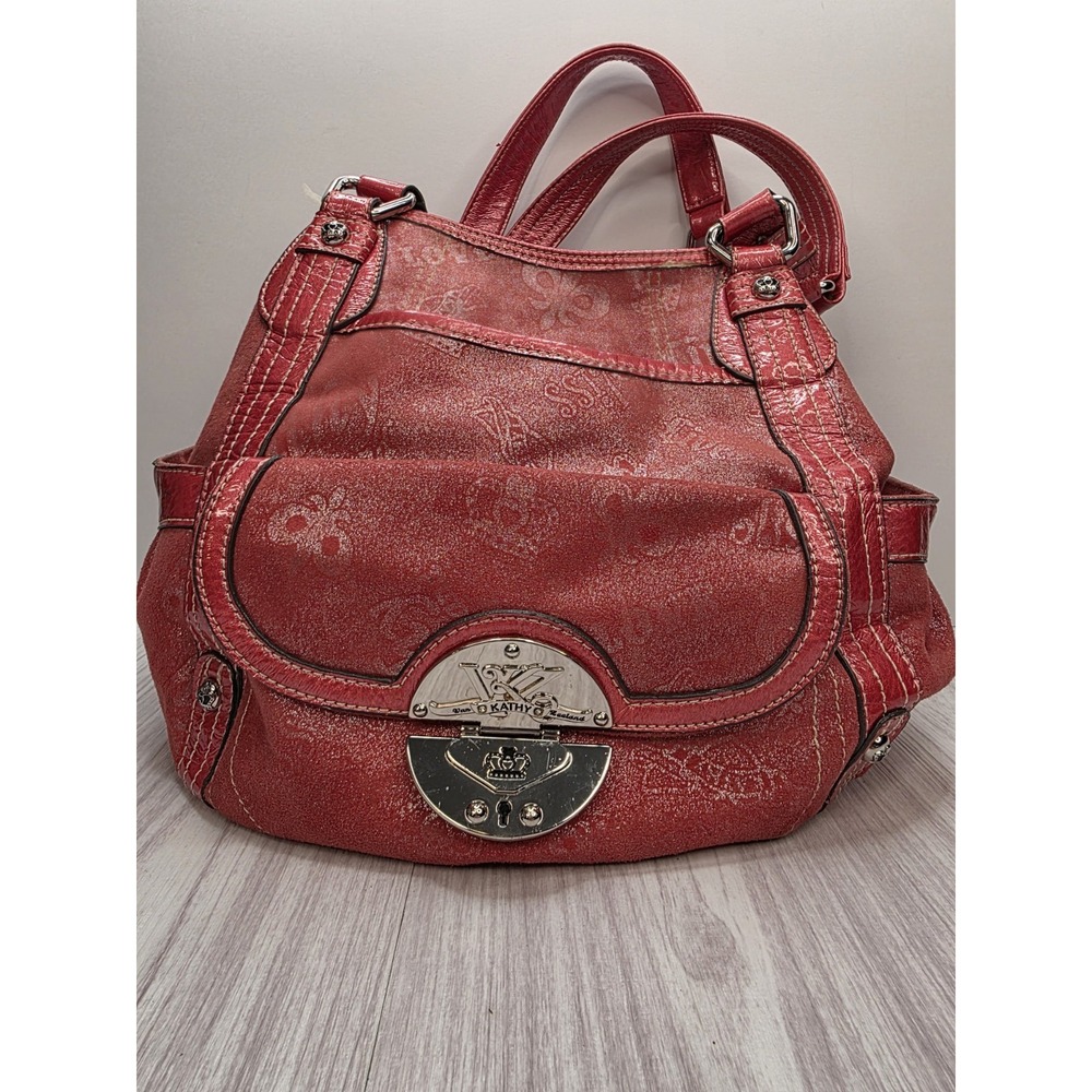 Kathy Van Zeeland Women's Shoulder Bag Red Silver‎ Emblem Charms Crown  Shimmer